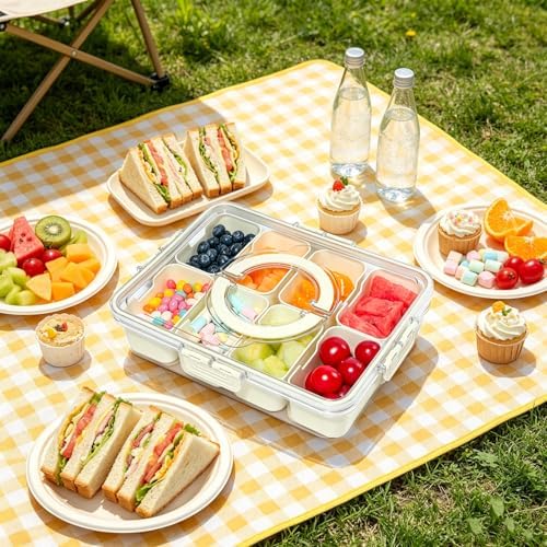 HRXFOZ Divided Serving Tray with Lid and Handle,8 Compartments Snacks Box,Snack Fruit and Veggie Tray,Portable Platter for Candy Fruits Nuts Snack Party Entertaining Picnic (1 PCS)