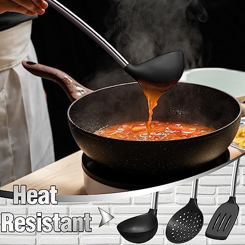 Umite Chef Thickened Kitchen Utensils Set- Silicone Cooking Utensils Set for Nonstick Cookware-Silicone Spatulas Set, Heavy Duty Stainless Steel Handle-Black Kitchen Gadgets Tools Set