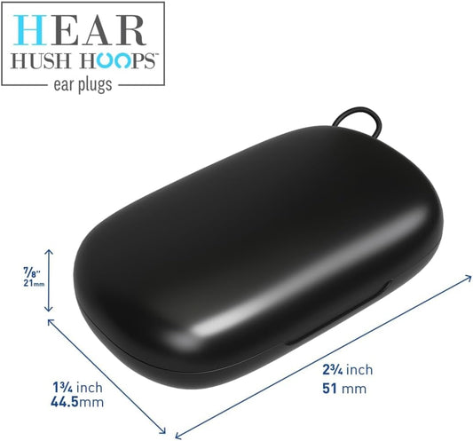 Hush Hoops Ear Plugs, Reusable Soft Silicone Plugs with Horseshoe Shape for Comfort, Designed for Sleep and Loud Noises, 17dB (NRR) Noise Reduction Rating, Black, 1 Pair with Portable Travel Case