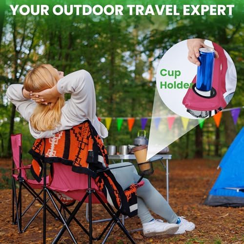 2 Pack Portable Camping Chairs Folding Lawn Chair Outdoor Lightweight Beach Chair with Cup Holder & Carry Bag for Outside Sports, Fishing, Hiking, Travel, Picnic, Backyard (Pink, Medium)