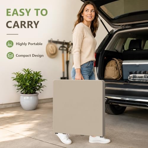 Folding Table, 4FT Foldable Picnic Table with Carrying Handle, Heavy Duty Fold-in-Half Portable Table for Weddings, Camping, RV Travel, Parties, BBQs, and Indoor Use, Easy to Fold and Store, Khaki