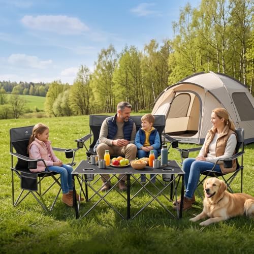 Camping Chair Set of 3, Outdoor Folding Camping Chairs for Heavy People with Cup Holder & Carry Bag,Collapsible Chair Include One Sofa Chair and Two Single Chair,Support up to 500lbs