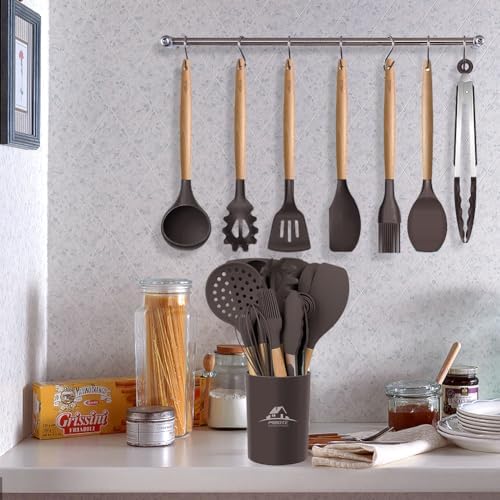 MIBOTE Silicone Cooking Kitchen Utensils Set, Wooden Handle, Coffee