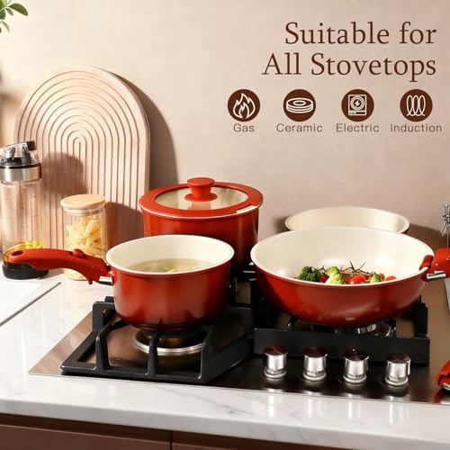 GIPP 11PCS Ceramic Pots and Pans Set Non Stick, Nonstick Cookware Set Detachable Handle, Red Black Gradien Pots and Pans Induction Kitchen Cooking Sets, RV Cookware Sets for All Stoves