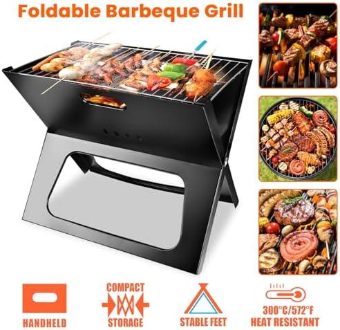 Folding Charcoal Grills, Black Notebook-Style Small Portable BBQ Grill for Outdoor Camping, Picnics, Cooking, Bonfire, Patio, Backyard