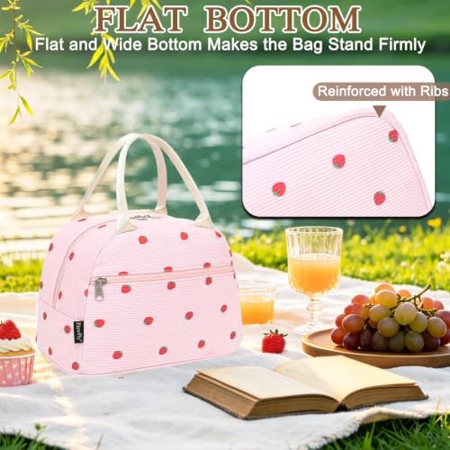 FlowFly Insulated Lunch Bag for Women – Corduroy Lunch Tote Box, Cute Cooler Bag for Work, Travel, Picnic,Corduroy Strawberries Pink