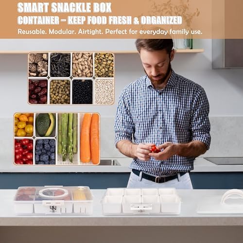 Stackable Snackle Box Container with 2 Lids, 14 Compartments - BPA-Free Snackle box Organizer, Dishwasher & Microwave Safe Reusable Snacklebox for Veggies, Fruits, Charcuterie, Snacks (White, 2 Pack)