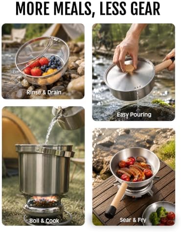 Camping Cookware Set with Stove, Stainless Steel Outdoor Cooking Kit with Pot, Strainer Pot, Frying Pan, Adapter and Storage Bag, Portable Camping Pots and Pans Set for Camping, Hiking, Backpacking