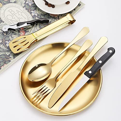 Picnic Dishes Utensils Gold Camping Flatware Set for 4 Portable Dinnerware Plates Silverware Forks Spoons knives Bottle Opener Food Tongs Complete Kit with Zipper Bag