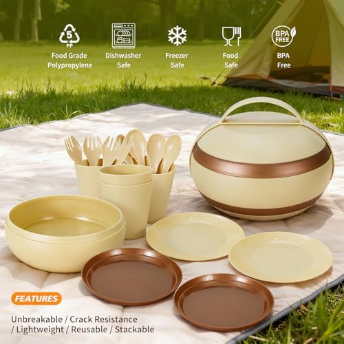 Camping Dishes Picnic Set, 17Pcs Plastic Dinnerware Dishes Sets for 4