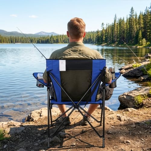 Romswi Portable Camping Chairs for Adult, Folding Outdoor Chairs with 2 Cup Holder, Folding Chair with Mesh Back for Outdoor, Fishing, Garden, 2-Pack, Blue