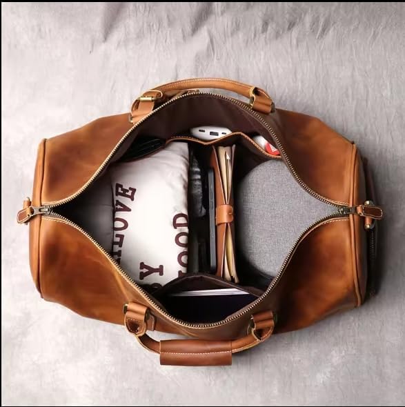 Mullis Mercantile Leather Weekender Travel Bag, a timeless classic. This vintage leather duffle bag is perfect for airline carry on, full-grain leather, a retro design, gym, and a YKK zipper in brown.