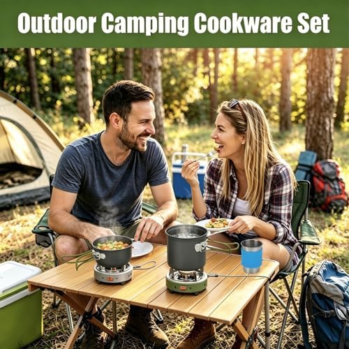 Camping Backpacking Cooking Set, 8pcs Camping Mess Kit Cookware Pot and 170ML Stainless Steel Cup & Fork Spoon Backpacking Cookware Set for Camping Hiking Picnic Outdoor Cooking
