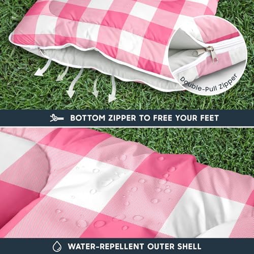 Wake In Cloud - Kids Sleeping Bag for Boys Girls Toddlers, Camping in Warm Cold Weather, Backpacking Lightweight Compact Outdoor Liner for 3 Seasons, Gingham Plaid