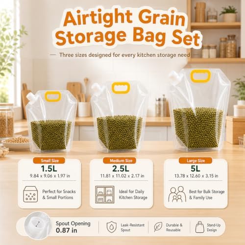 Airtight Grain Storage Bags with Handle - Cereal Containers with Pour Spout, Reusable Rice Food Sealed Container (10PCS,Medium-210 OZ)