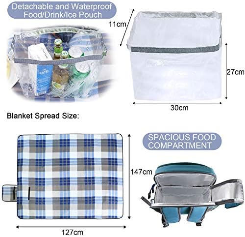 Sunflora Picnic Backpack for 4 Person Set Pack with Insulated Waterproof Pouch for Family Outdoor Camping(Light Blue)