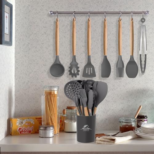 MIBOTE Silicone Cooking Kitchen Utensils Set, 17 Pcs, Wooden Handle, Grey