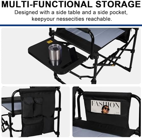 Romswi 2 Pack Folding Director Chair for Outdoor, Heavy Duty Camping Chair with Side Table, Cup Holder & Storage Pockets, Oversized Portable Chair Supports 400 lbs for Fishing, Picnic, Lawn, Black
