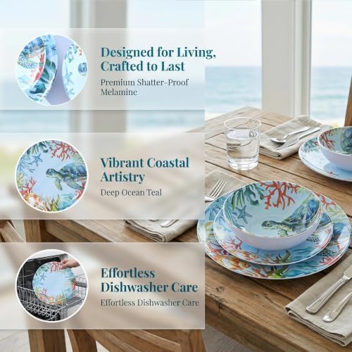 12-Piece Turtle Melamine Dinnerware Set, Ocean Plate and Bowl Sets