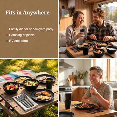 Plates and Bowls Sets for 4, Unbreakable Kid Dinnerware Sets- Black