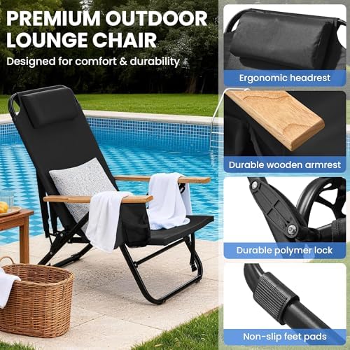 2 Pack Premium 5-Position Reclining Camping Chair - Portable Folding Lightweight Outdoor Chair with Wooden Armrests, Headrest & Pockets, 350lbs Heavy Duty for Beach, Patio, Backyard, Black