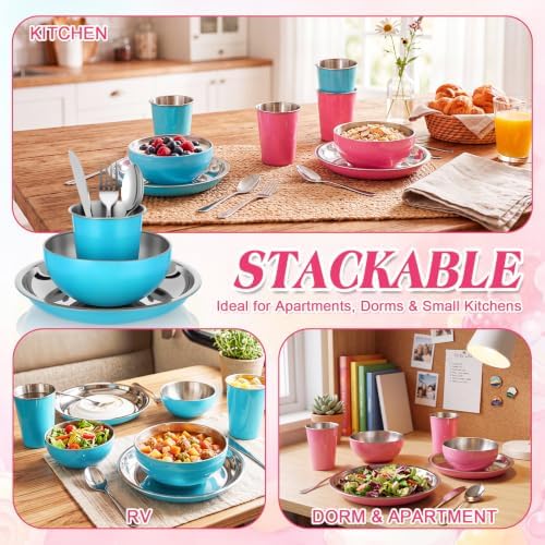Jinei 24 Pcs Stainless Steel Camping Dinnerware Set for 4,Pink and Blue
