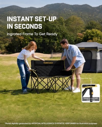 FanttikOutdoor Zeta L11 Duo Pro Double Camping Chair, 2 Person Portable Folding Couch, Up to 600 lbs, High Strength Loveseat with Cup Holder & Carry Bag for Travel, Patio, Games, BBQ, Backyard, Black