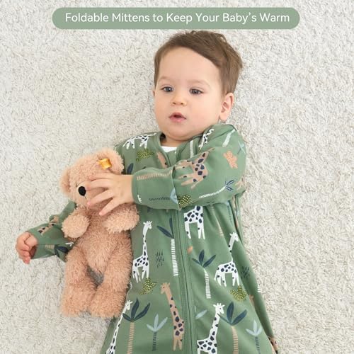Baby Sleep Sack 6-12 Months, Long Sleeve Baby Wearable Blanket 0.5 Tog with Mittens, 2-Way Zipper Infant Cotton Sleeping Sack for Boy and Girl Green Giraffe 2 Pack (Medium)