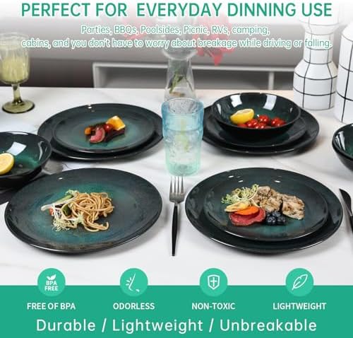 12pcs Plates and Bowls Set, Green Dinner Dishes Set