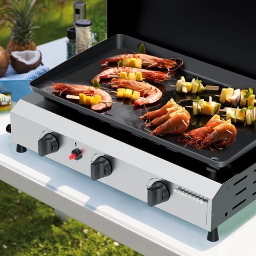 3 Burner BBQ Gas Griddle with Hood, 25.6 Inch Flat Top Grill, Silver
