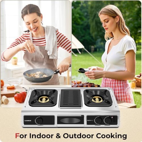 CAMPLUX 3 Burner with 1 Grill Plate Propane Gas Cooktop Stove, 26,000 BTU Stainless Steel Triple Burner Propane Cooktop for Outdoor Kitchen Cooking with CSA Regulator, Estufa de Gas Portatil