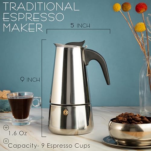 Mixpresso 9 Cup Greca Moka Pot, Stainless Steel Stovetop Espresso Maker