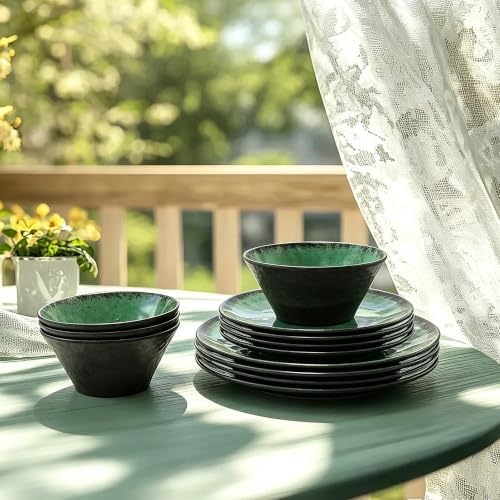 Melamine Dinnerware Sets for 4, 12 Pcs Plates and Bowls set, Green