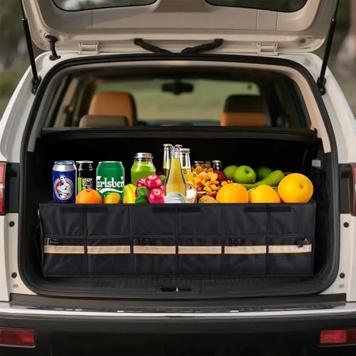 Car Trunk Organizer with Lid,Collapsible Car Storage Organizer with Multi Compartments and Securing Straps for SUV,Sedan,Jeep-Black