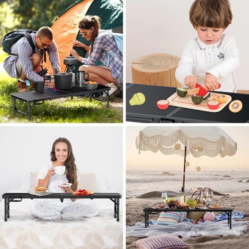 FUNYKICH 4ft Low Folding Picnic Table(45.7''x15.7''x10.3''), Thicker Aluminum Legs Beach Table with Handle & Carry Bag, Lightweight Small Camping Table for Picnic Beach Camping Party, Black