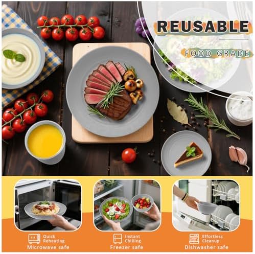 Wheat Straw Dinnerware Sets, Plates and Bowls Sets, 32 PCS Dinnerware Sets Service for 8, Unbreakable Reusable Plates Set, Outdoor Kitchen and Apartment Dinning Essentials - Gray