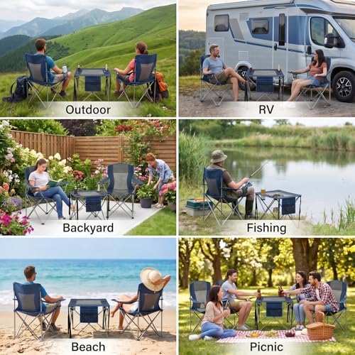 Camping Chair Set of 3,Outdoor Folding Camping Chairs with Cup Holder & Carry Bag for Sports,Hiking,Picnic,Includes Two Foldable,Breathable Camping Chair and a Larger Table Support up to 250lbs
