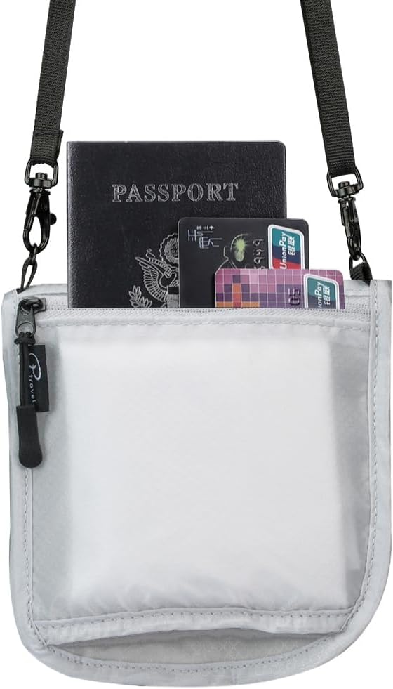 Travel Passport Holder 【1 PACK】2 in 1 Slim RFID Blocking Travel Money Belt for Men & Women, Hidden Neck Wallet for Credit Cards, Documents & Cash, Fanny Pack, MA-MO (Light Gray)