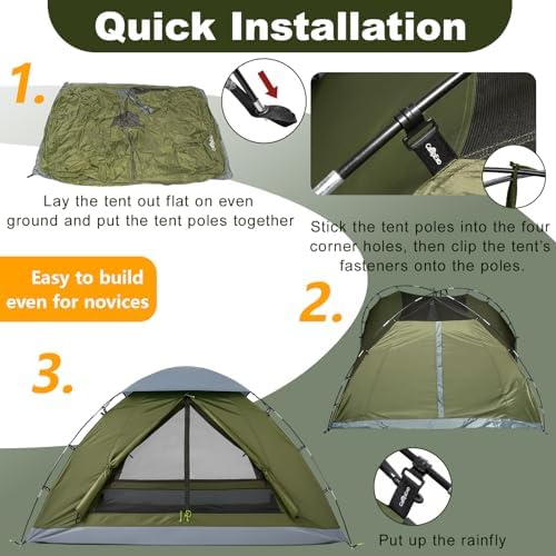Camping Tent, 1-2 Person Tent, Lightweight Waterproof Backpacking Tent, 5-Minute Setup Outdoor Tent with Carry Bag, Ideal for Camping Hiking