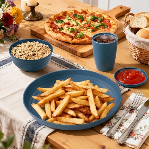 16 PCS Wheat Straw Plates and Bowls Sets,Kids Dishes Dinnerware Sets for 4,Unbreakable Kitchen Plates and Bowls Set for Travel Dishwasher & Microwave Safe Lightweight Dishes Set - DeepBlue