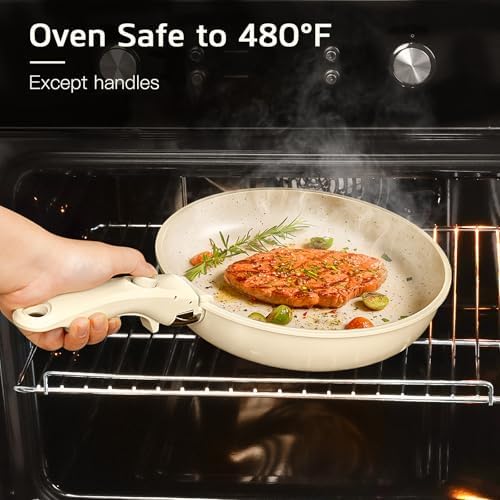 GIPP Pots and Pans Set Non Stick,Kitchen Cookware Set Detachable Handle, Non Toxic Cooking Pan Set with Frying Pans Set,RV Cookware Sets for All Stoves, Cream White, 17PCS