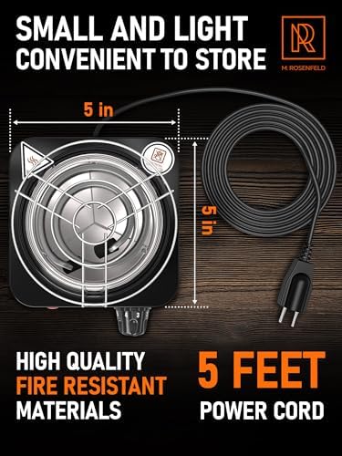 M. ROSENFELD Hookah Coal Burner 500W with Grid - Coal Burner for Hooka Cubes Black Heat Hookah Charcoal Burner Electric for Shisha with Grill & Free Hooka Tongs Hooka Stove - 304 Stainless Steel