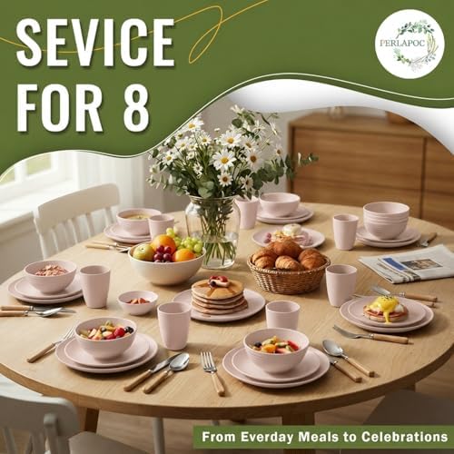 Wheat Straw Dinnerware Sets for 8, 40 Piece Unbreakable Dinnerware Set, Plates and Bowls Sets, Kitchen Plates and Bowls Set, Lightweight Dish Set for Travel Camping Party Outdoor Use - Muted Pink