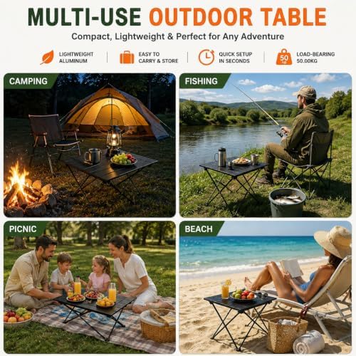 Folding Camping Table – Ultralight Aluminum Portable Table for Camping, Hiking, Backpacking, Picnic, Beach, BBQ – Compact Lightweight Collapsible Travel Side Table for Outdoor, RV, (1)