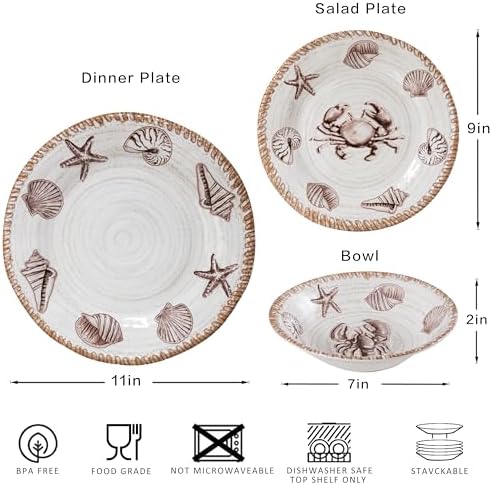 Rustic Farmhouse Melamine Dinnerware Sets, 12 Piece Oceanic Theme Plates and Bowls Set for Patio, Vintage Coastal Dishes Dinnerware Set of 4, Great for Camper, RV, Antique Tan Brown