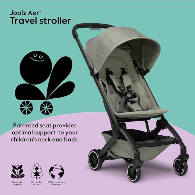 Joolz AER+ Lightweight & Compact Travel Stroller - Portable One-Hand Fold Design - Ergonomic Seat for Infant & Toddler (up to 50 lb) - XXL Sun Hood - Stroller for Airplane -Travel Pouch- Sage Green