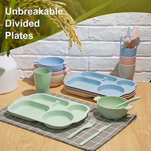 Honoson 24pcs Wheat Straw Dinnerware, Unbreakable, Beige/pink/green/blue