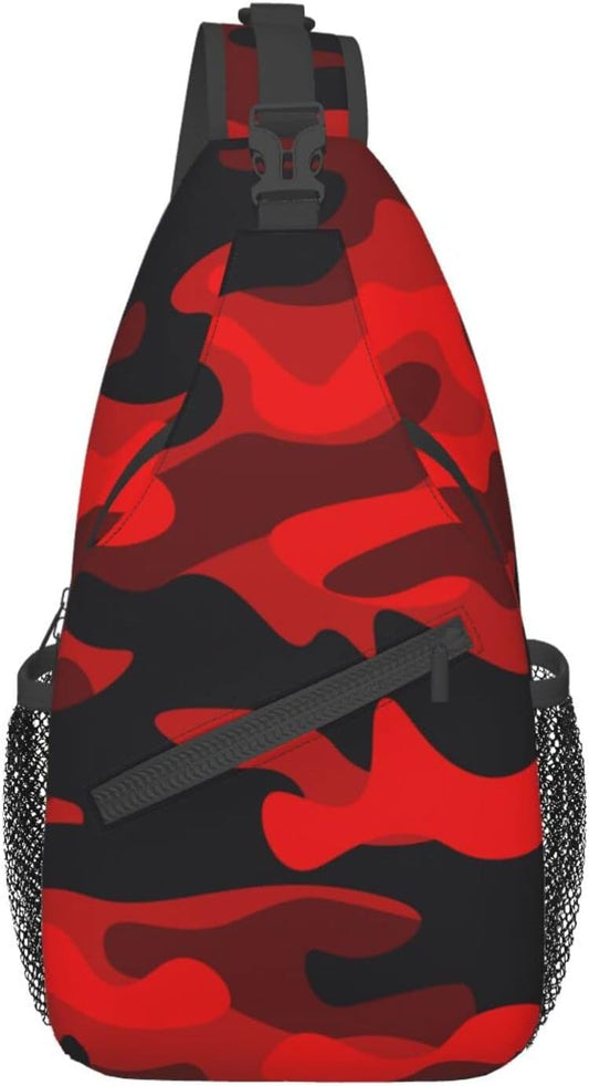 SUPLUCHOM Sling Bag Military Camouflake Camo Red Black Hiking Daypack Crossbody Shoulder Backpack Travel Chest Pack for Men Women Over 12 Years Old