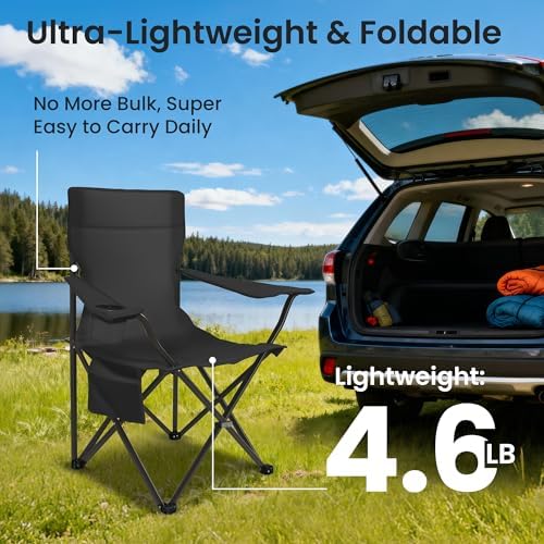 Portable Camping Chair 2 Pack, Folding Outdoor Chair with Cup Holder & Side Pocket for Camping, Hiking, Picnic, Beach (Black, 2 Pack)