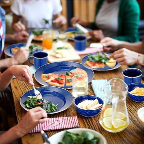 Nuogo 24 Pcs Camping Dinnerware Enamel Mugs Plates Bowls Utensils, Blue
